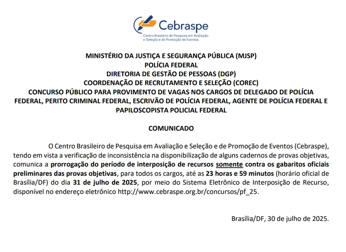 Prazo de recursos prorrogado no concurso da PF 2025, informa Cebraspe Comunicado oficial do concurso da Polícia Federal sobre prorrogação do prazo de recursos.