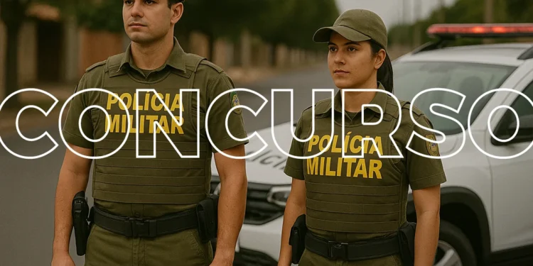 Policiais militares uniformizados em frente a viatura durante ação em via urbana.