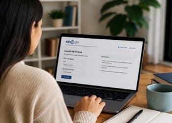Imagem ilustrativa de participante acessando pelo computador a página de consulta ao local de prova do Encceja 2026, etapa que fica disponível quando o Inep libera o cartão de confirmação, previsto para a primeira quinzena de agosto