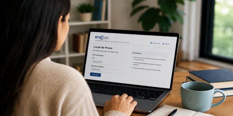 Imagem ilustrativa de participante acessando pelo computador a página de consulta ao local de prova do Encceja 2026, etapa que fica disponível quando o Inep libera o cartão de confirmação, previsto para a primeira quinzena de agosto