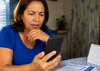Mulher consultando informações sobre o benefício do INSS pelo celular, representando a verificação da data de pagamento do INSS de julho para beneficiários que recebem acima de um salário mínimo.