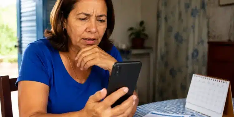 Mulher consultando informações sobre o benefício do INSS pelo celular, representando a verificação da data de pagamento do INSS de julho para beneficiários que recebem acima de um salário mínimo.