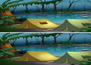 Desafio das diferenças com uma cena de acampamento em uma floresta com dois tendas ao lado de um lago sereno.