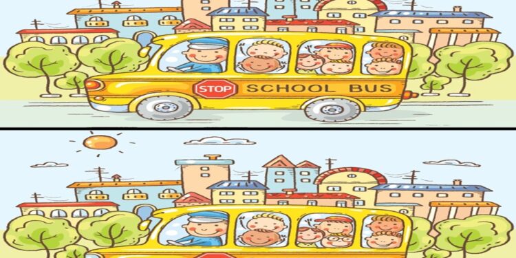 Desafio visual com desenho colorido com ônibus escolar em frente a prédios e árvores, usado em jogo de encontrar diferenças.