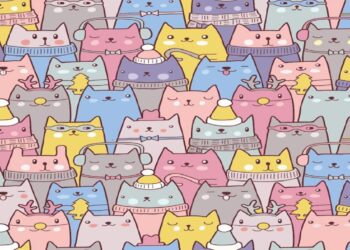 Desafio visual com vários gatos coloridos com acessórios divertidos, como óculos, gorros de Natal e suéteres, em um padrão alegre.