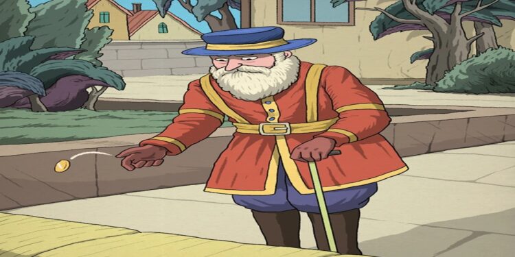 Desafio visual com um homem arremessando moeda com corvo camuflado entre as árvores ao fundo