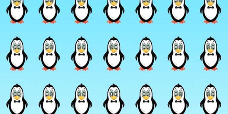 Desafio visual com vários pinguins em fileiras, sendo um diferente dos demais