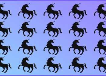 Desafio visual vários unicórnios pretos sobre fundo azul e um detalhe diferente em um deles