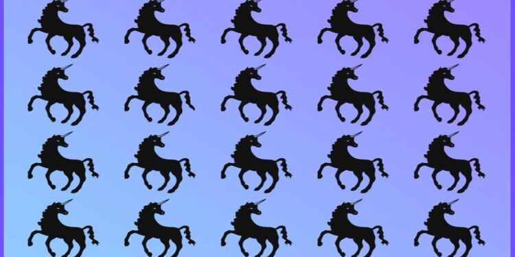 Desafio visual vários unicórnios pretos sobre fundo azul e um detalhe diferente em um deles