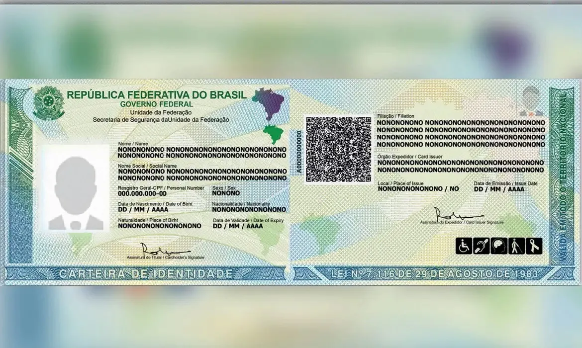 Exemplo da nova Carteira de Identidade Nacional com CPF e QR Code.