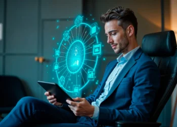 Homem de negócios usando tablet com interface digital de dados em fundo corporativo.