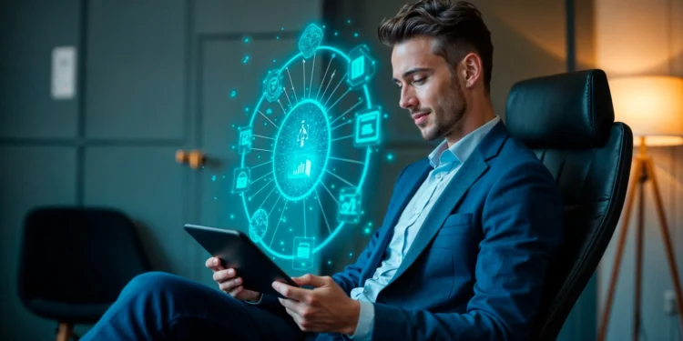 Homem de negócios usando tablet com interface digital de dados em fundo corporativo.