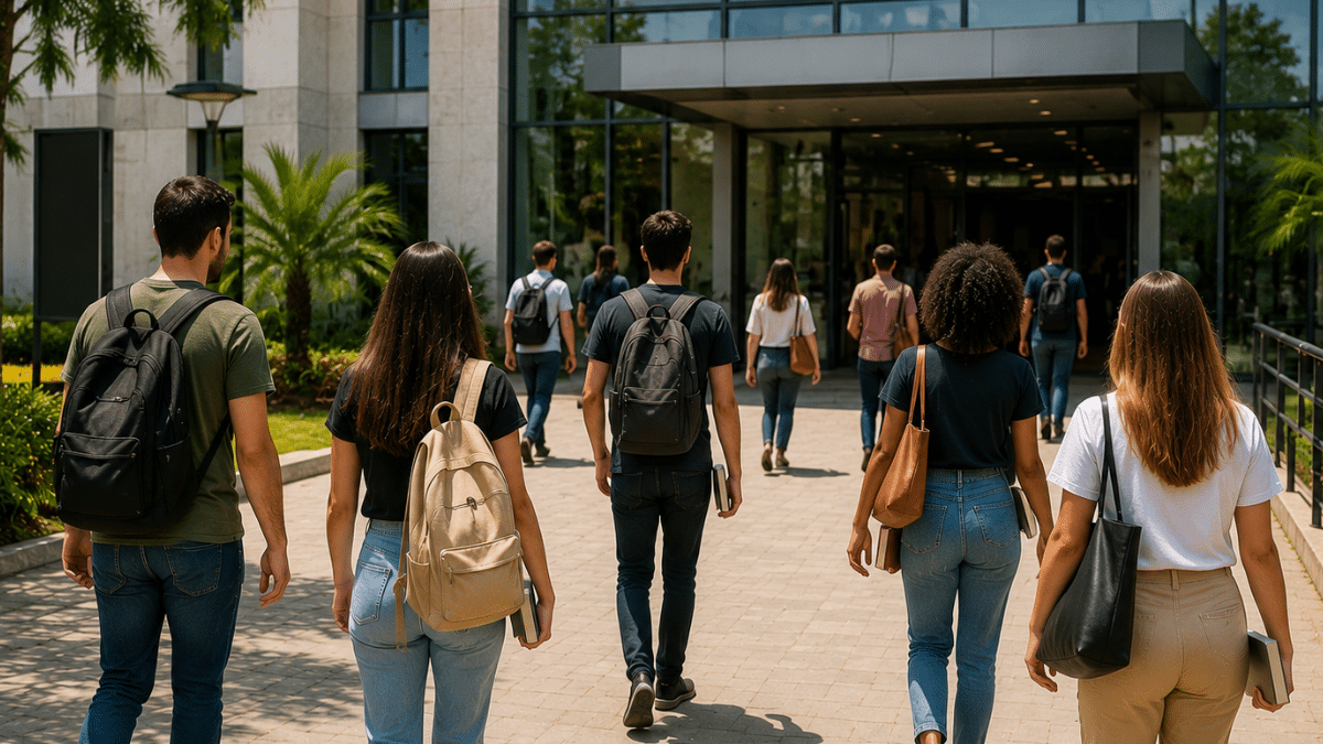 Estudantes caminhando em direção a uma instituição de ensino superior com mochilas e materiais acadêmicos.