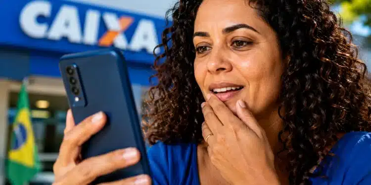 Mulher consulta o celular em frente a uma agência da Caixa, representando a solicitação do Saque Calamidade do FGTS pelo aplicativo.