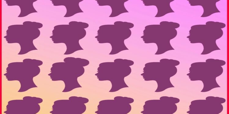Teste de QI com silhuetas femininas em perfil com penteado coque sobre fundo degradê; uma figura está diferente das demais.
