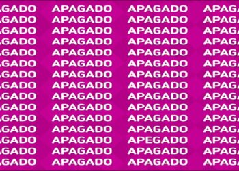 Teste de QI com as palavras repetidas "APAGADO" com um erro visual escondido entre elas sobre fundo roxo