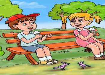 Teste de QI com crianças sentadas em um banco de parque, sorrindo e comendo sorvete, com pássaros ao fundo.