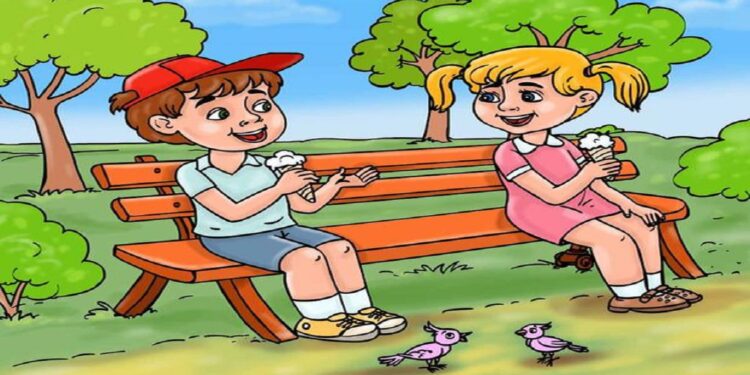 Teste de QI com crianças sentadas em um banco de parque, sorrindo e comendo sorvete, com pássaros ao fundo.