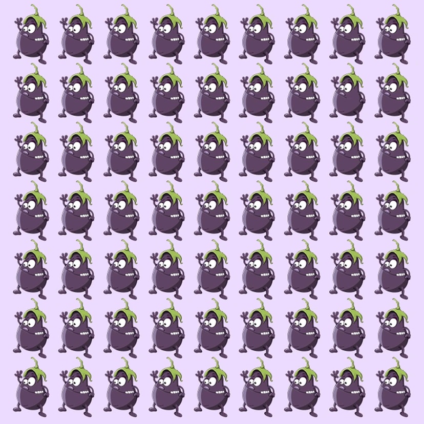 Entre tantas berinjelas animadas, uma delas está fora do padrão. Você consegue achar? Teste visual: personagens de berinjela roxa com folhas verdes repetidos em padrão sobre fundo lilás.
