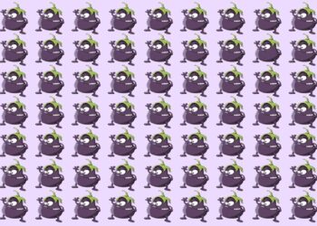 Teste visual: personagens de berinjela roxa com folhas verdes repetidos em padrão sobre fundo lilás.