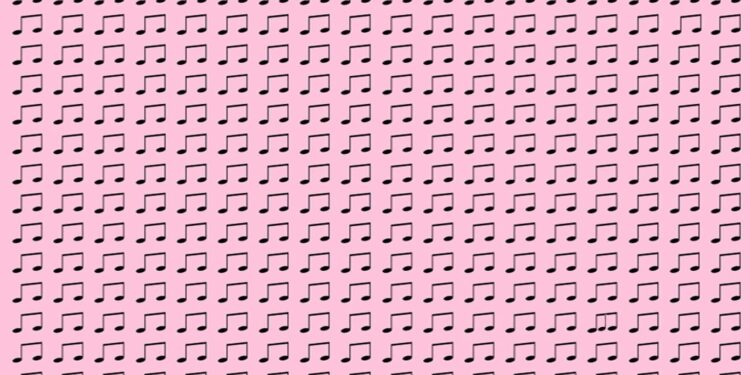 Teste visual com uma sequência de notas musicais com uma diferente escondida ao fundo rosa