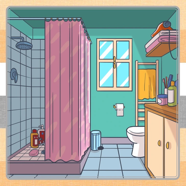 Há um carrinho de brinquedo escondido nesta cena de banheiro. Consegue achar onde ele está? Teste visual da Ilustração de um banheiro com chuveiro, armário, toalha, espelho e objetos de higiene