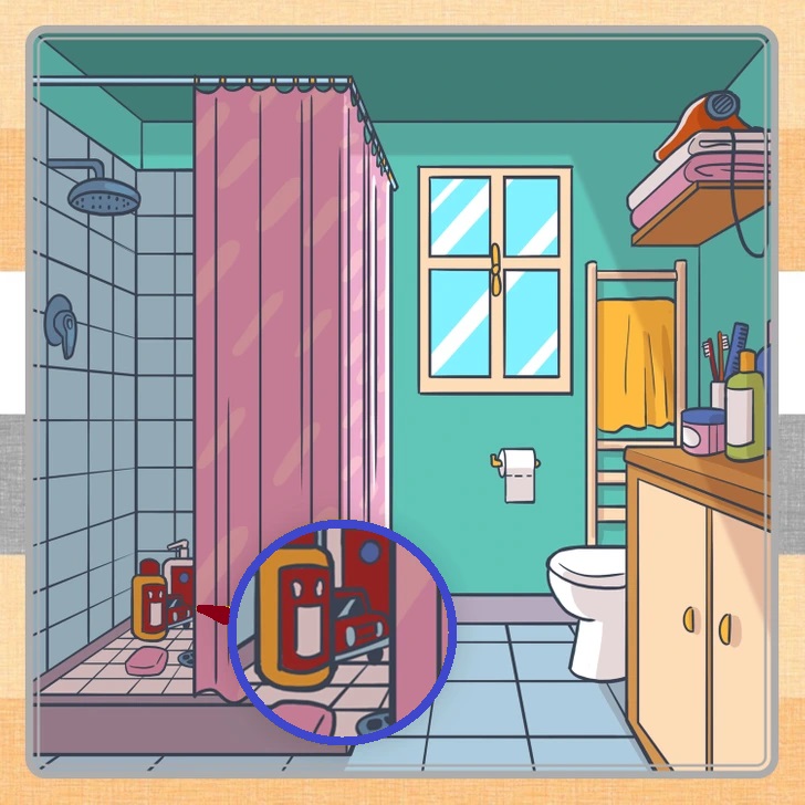 Desafio de observação: encontre o carrinho escondido no banheiro! Teste visual da Ilustração de um banheiro com chuveiro, armário, toalha, espelho e objetos de higiene