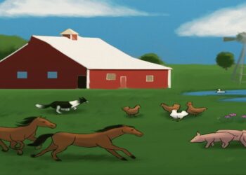 Teste visual: Cena de uma fazenda com animais e paisagem campestre, incluindo erro visual sutil