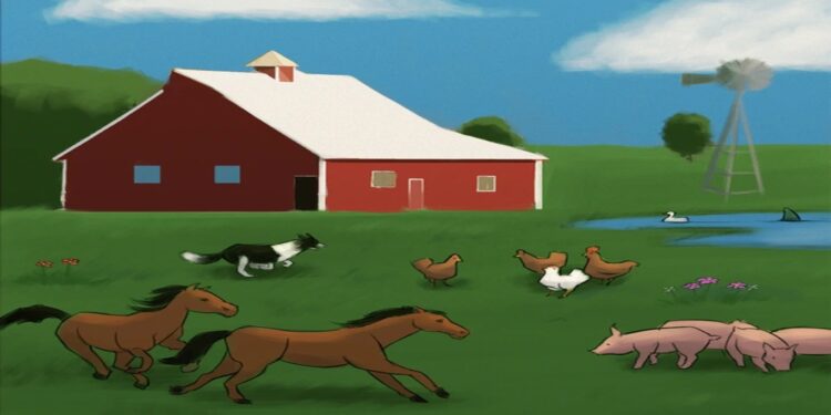 Teste visual: Cena de uma fazenda com animais e paisagem campestre, incluindo erro visual sutil