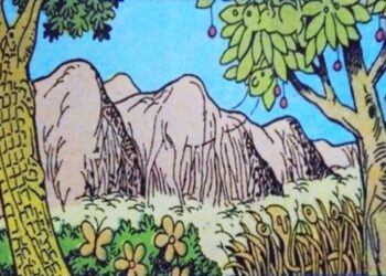 Imagem de um cenário natural com rochas, árvores frutíferas e flores coloridas. A imagem é em estilo de ilustração, com elementos de um desafio visual.