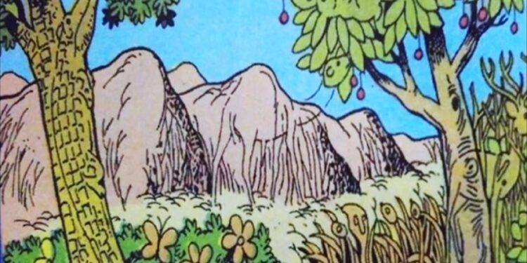 Imagem de um cenário natural com rochas, árvores frutíferas e flores coloridas. A imagem é em estilo de ilustração, com elementos de um desafio visual.