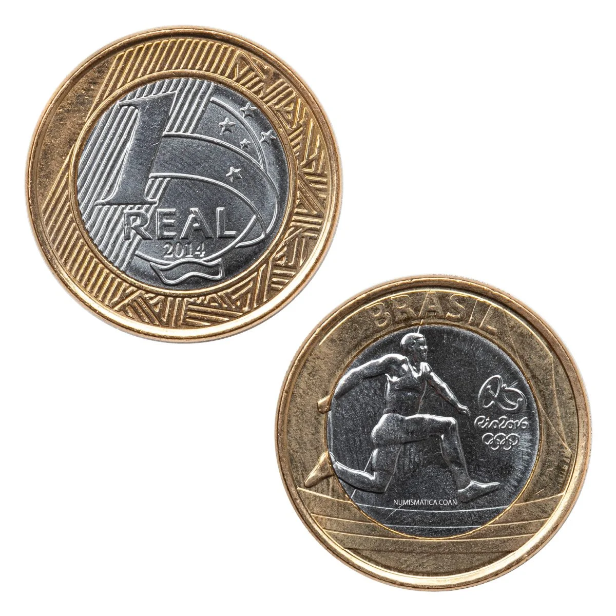 Moeda Olímpica do Atletismo: Anverso e Reverso Duas moedas de 1 real das Olimpíadas do Rio 2016, a comum de 2014 no anverso e a de atletismo com o corredor no reverso.