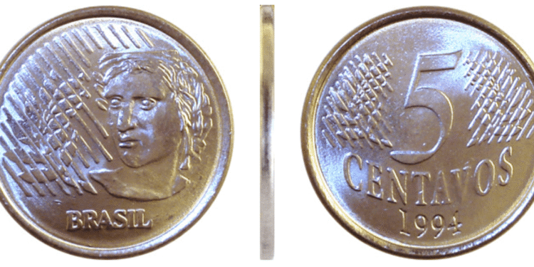Anverso e reverso da moeda de 5 centavos de 1994, com a efígie da República e o valor nominal