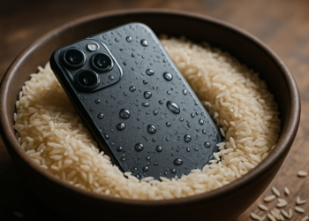 Smartphone molhado em arroz como solução caseira para salvar dispositivo.
