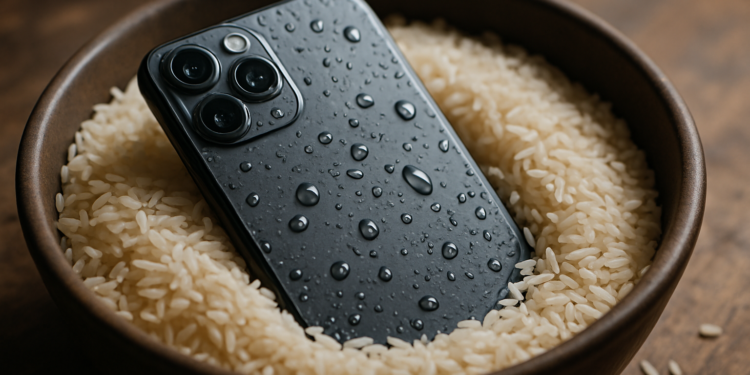 Smartphone molhado em arroz como solução caseira para salvar dispositivo.