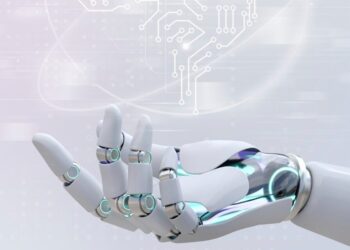 Mão robótica com cérebro digital representando inteligência artificial auxiliando estudos para concursos