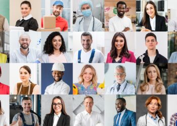 Mosaico com 28 profissionais sorridentes de várias áreas demonstrando diversidade de carreiras bem remuneradas