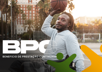 Calendário BPC agosto 2025 com homem jogando basquete e texto "Benefício de Prestação Continuada".