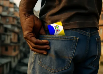 Homem com cartão do programa Bolsa Família na mão, em ambiente urbano