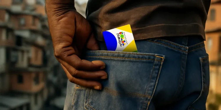 Homem com cartão do programa Bolsa Família na mão, em ambiente urbano