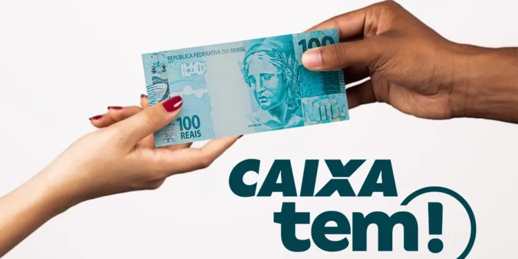 Imagens de mãos trocando uma nota de R$ 100 com o logotipo do Caixa Tem, indicando o pagamento de PIX para beneficiários.