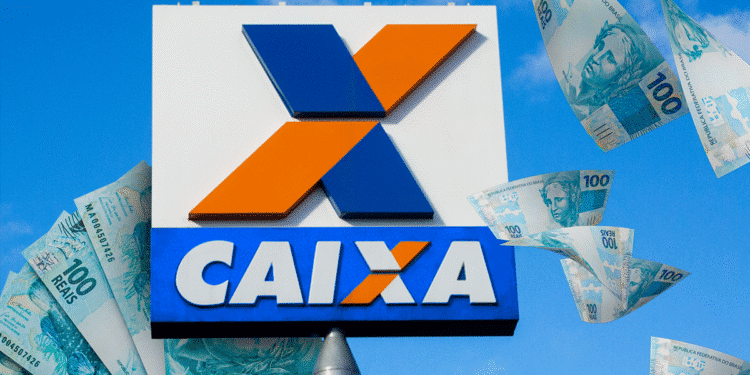 Logo da Caixa Econômica Federal com notas de 100 reais voando ao fundo em céu azul