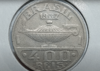 Anverso da moeda de 400 réis de 1937, destacando o valor e o ano de fabricação.