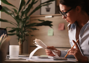 A imagem de uma mulher em seu escritório em casa, com óculos e uma calculadora, analisando papéis e fazendo contas.