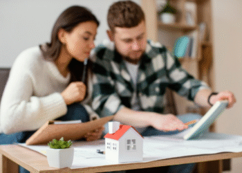 A imagem de um casal analisando plantas de uma casa, com um modelo de miniatura de uma casa na mesa, simbolizando o planejamento da compra de um imóvel.