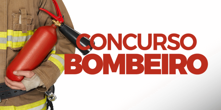 Bombeiro segurando extintor ao lado do texto Concurso Bombeiro em destaque.