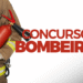 Bombeiro segurando extintor ao lado do texto Concurso Bombeiro em destaque.