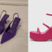 Um par de scarpins lilás e uma sandália plataforma rosa, exibindo tendências de cores vibrantes para o verão.
