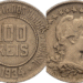 Moeda de 100 réis de 1934 com possível erro de cunhagem, usada no Brasil