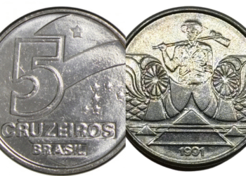Moeda de 5 cruzeiros de 1991 com detalhes de cunhagem e design original